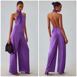 Katie May Robbie Satin Halter Jumpsuit Purple NWT
